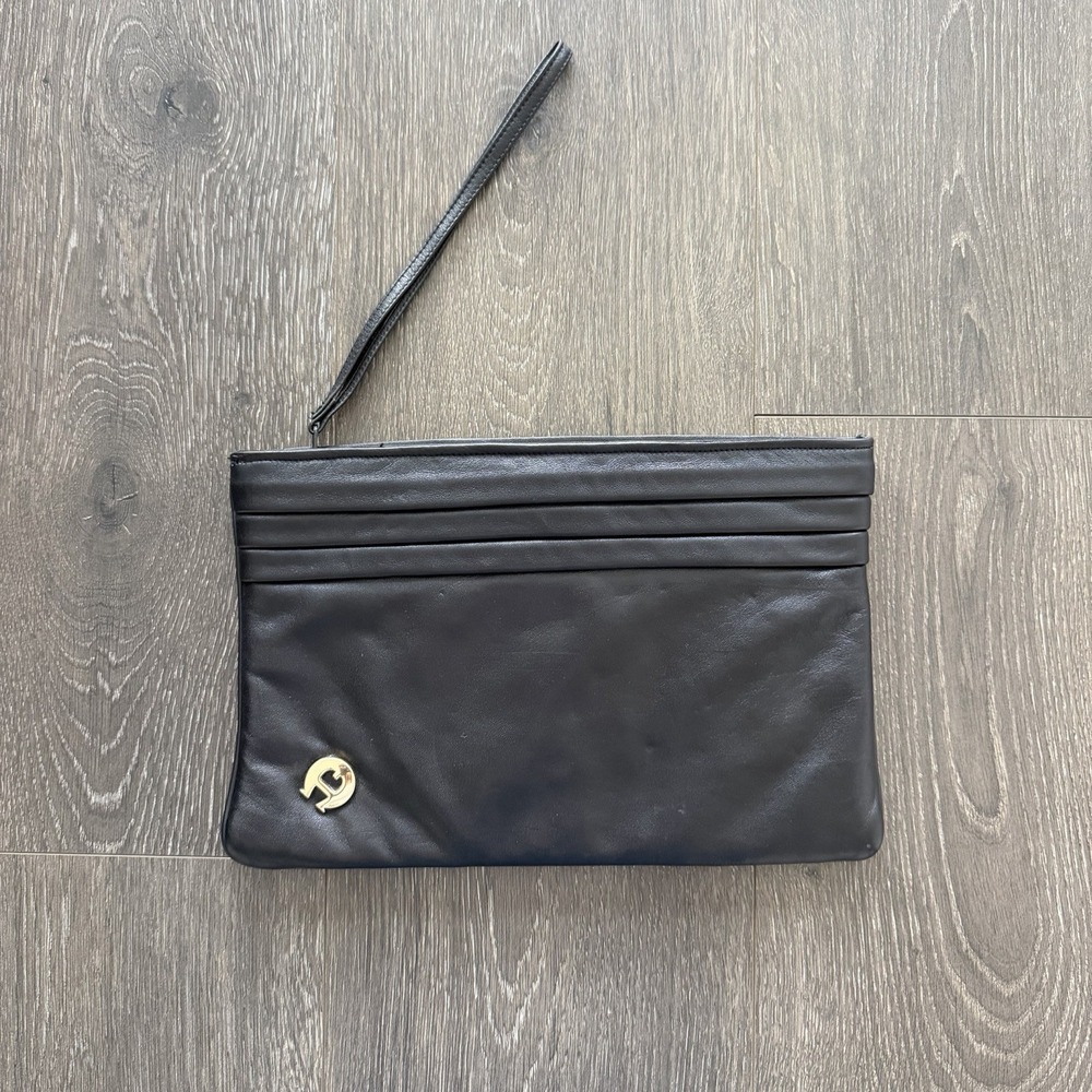 ETIENNE AIGNER Medium Leather Clutch Bag Purse Wristlet Black 70s 80s Old Money